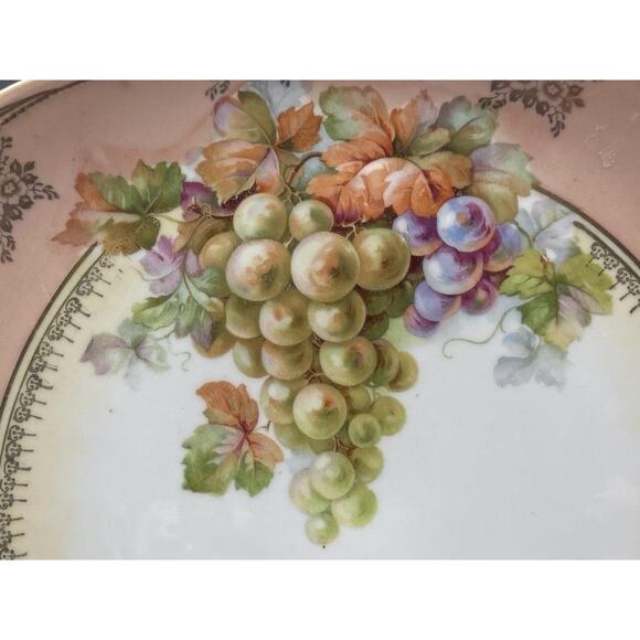 Antique German Porcelain Bowl Grapes Gold Trim Pink Rim Scalloped 12" - Picture 6 of 11